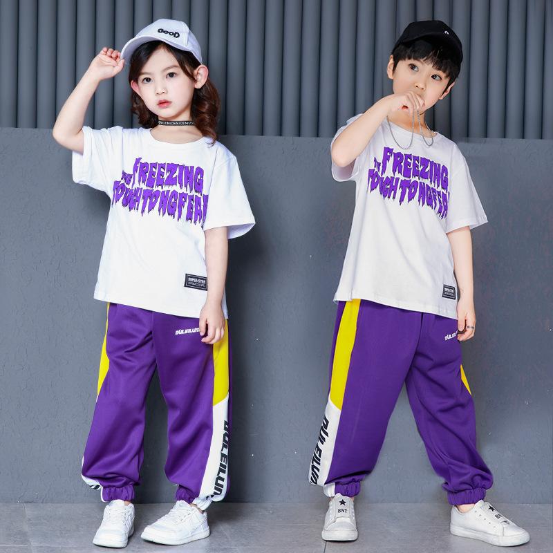 

Clothing Sets Hiphop Clothes Set For Boys Teenage Girls Cotton Short Sleeve Tee Shirt Purple Pant Two Piece Tracksuit Loose Outfits, White