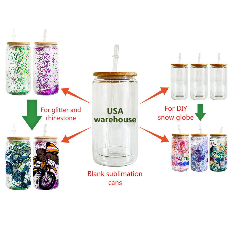 

US Warehouse 12oz 16oz Sublimation Glass Cup Blanks With Bamboo Lid Frosted Sublimation Beer Can Glass Double Wall Snow Globe Tumbler Mason Jar Mug With Plastic Straw