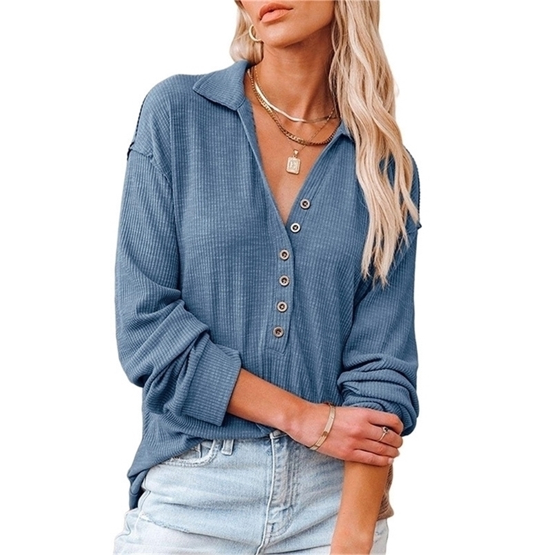 

Autumn Winter Henley Shirt Casual V Neck Long Sleeve Button Down Ribbed Knit Tops Solid Vintage Loose Pullover 220401, Sky blue