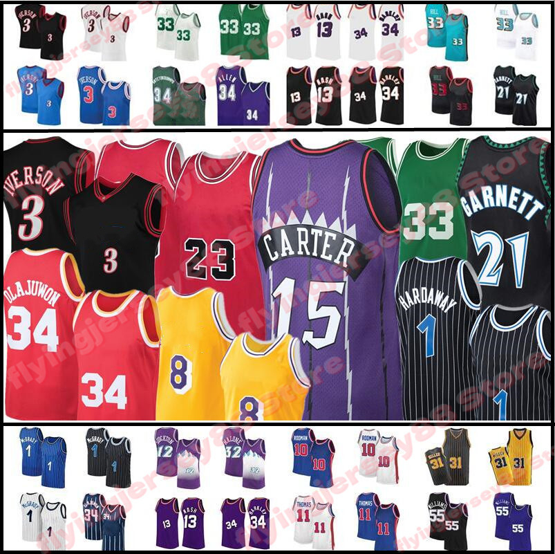 

23 Michael Vince 15 Carter 3 Iverson Jersey Allen 13 Nash Olajuwon Basketball Jerseys Miller Barkley Rodman Garnett McGrady Hill Erving Williams Retro Mesh Jersey, Retro mens jersey