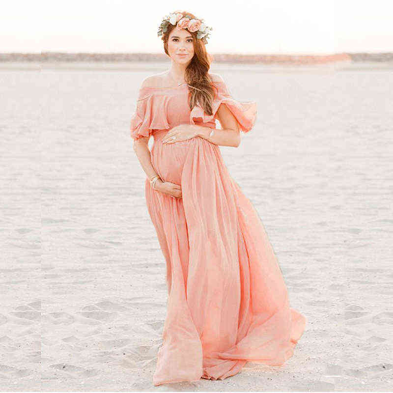 

Maternity Dresses Sexy Photo Shoot Photography Props Long Women Pregnancy Dress Chiffon Summer Shoulderless Pregnant Clothes G220418, Pink
