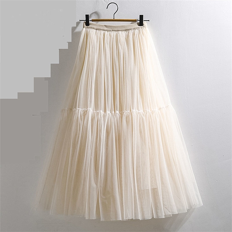 Women Skirt Beige Black Pink High Waist Lace Tutu Skirt ALine Simple Elegant Mesh Tulle Midi Skirt Spring Autumn mujer faldas 220611