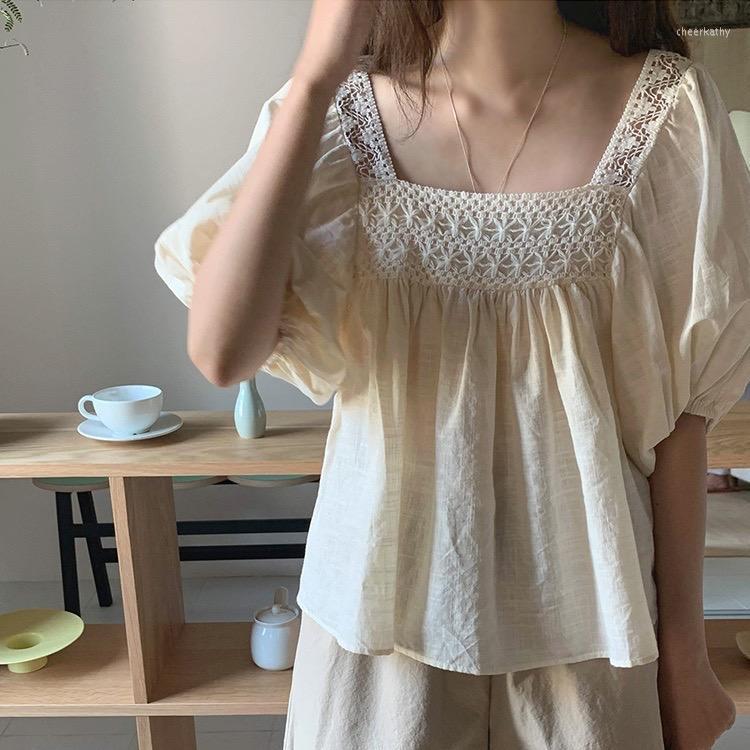 

Women' Blouses & Shirts Vintage Hook Flower Hollow Out Blouse Square Collar Ruffle Tops Summer Loose Puff Sleeve Women ShirtWomen' Chee22, Apricot