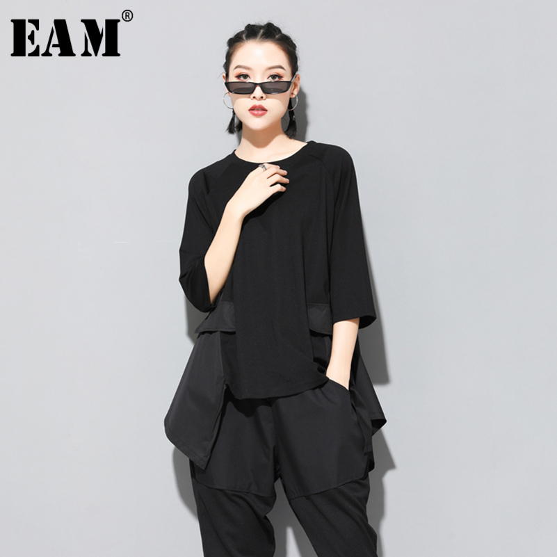 

EAM Spring Summer Round Neck Three Quarter Sleeve Red Irregular Hem Big Size Tshirt Women Fashion JT153 Y200412, Black