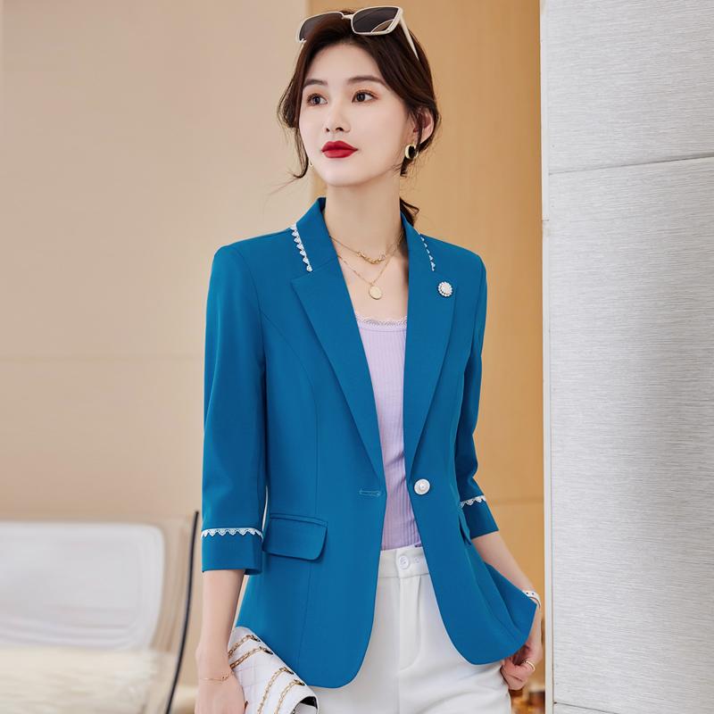 

Women' Suits & Blazers Fashion Female Blue Blazer Women Jackets Half Sleeve Office Ladies Work Business Clothes Slim OL StylesWomen