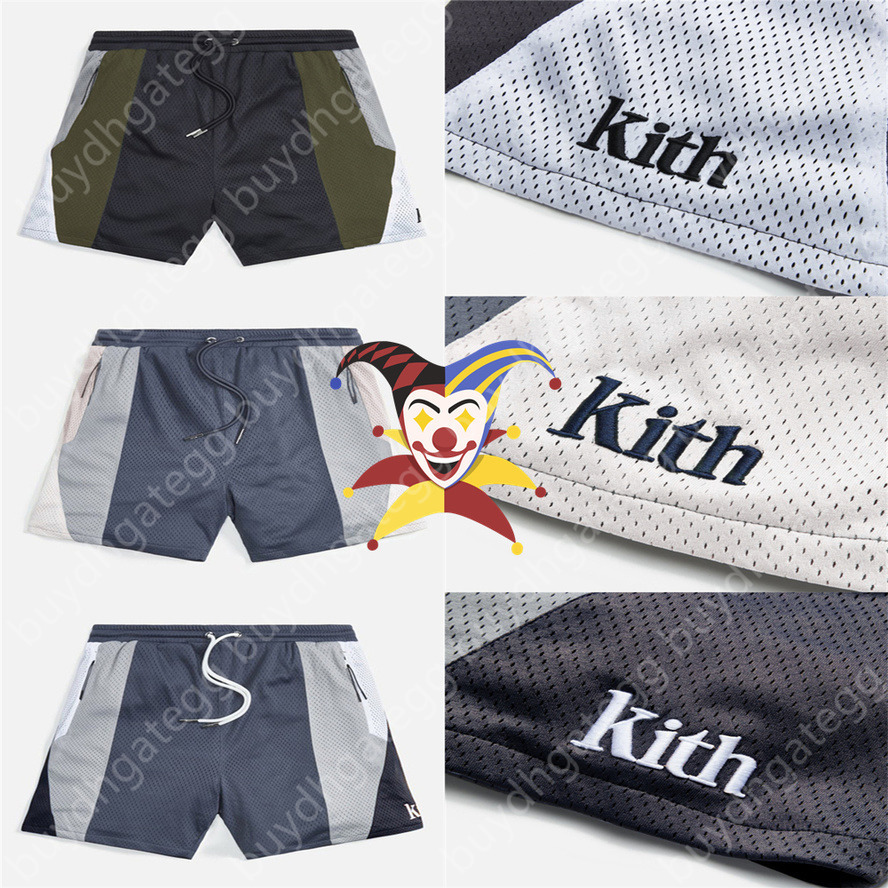 

9hxx 2022 Patchwork Color Kith Board Shorts Men Women Hem Embroidery Zipper Pockets Mesh Breeches