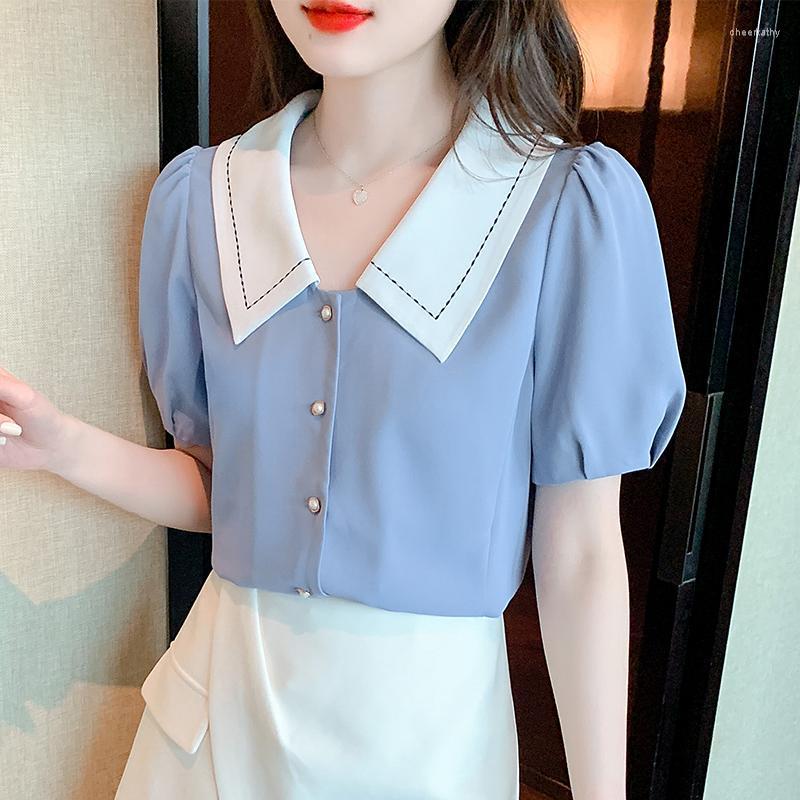 

Women' Blouses & Shirts Chikichi Summer Thin French Shirt Women 2022 Chiffon Short-sleeved Sweet Age-reducing Top Hit Color Woman TopsWomen, Blue