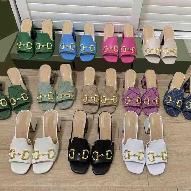 Designer Femmes Sandales Horsebit High Heels Sortez One Line Slippers Cuir Horseshoe Pompes Square Femmes Sangle de la cheville