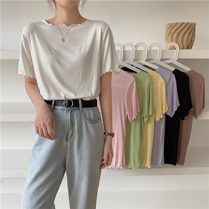 

Women 100 Cotton Sweet Ruffles Thin T Shirts Female Soft White Black Tees Lady Elastic Basic Tops For Summer Camisetas, D1613 purple