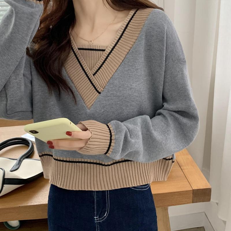 

Women's Sweaters Lucyever Women Fake Two Piece Sexy Tops 2022 Spring Retro Chic Knitted Pullover Solid Design Bottoming Lady Jumpers, Black