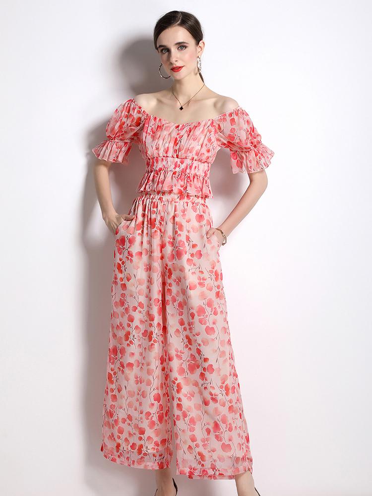 

Women's Two Piece Pants Elegant Print Chiffon Party Suit Women Summer Designers Runway Set Fashion Slash Neck Blouse And Trousers OutfitWome, Pink