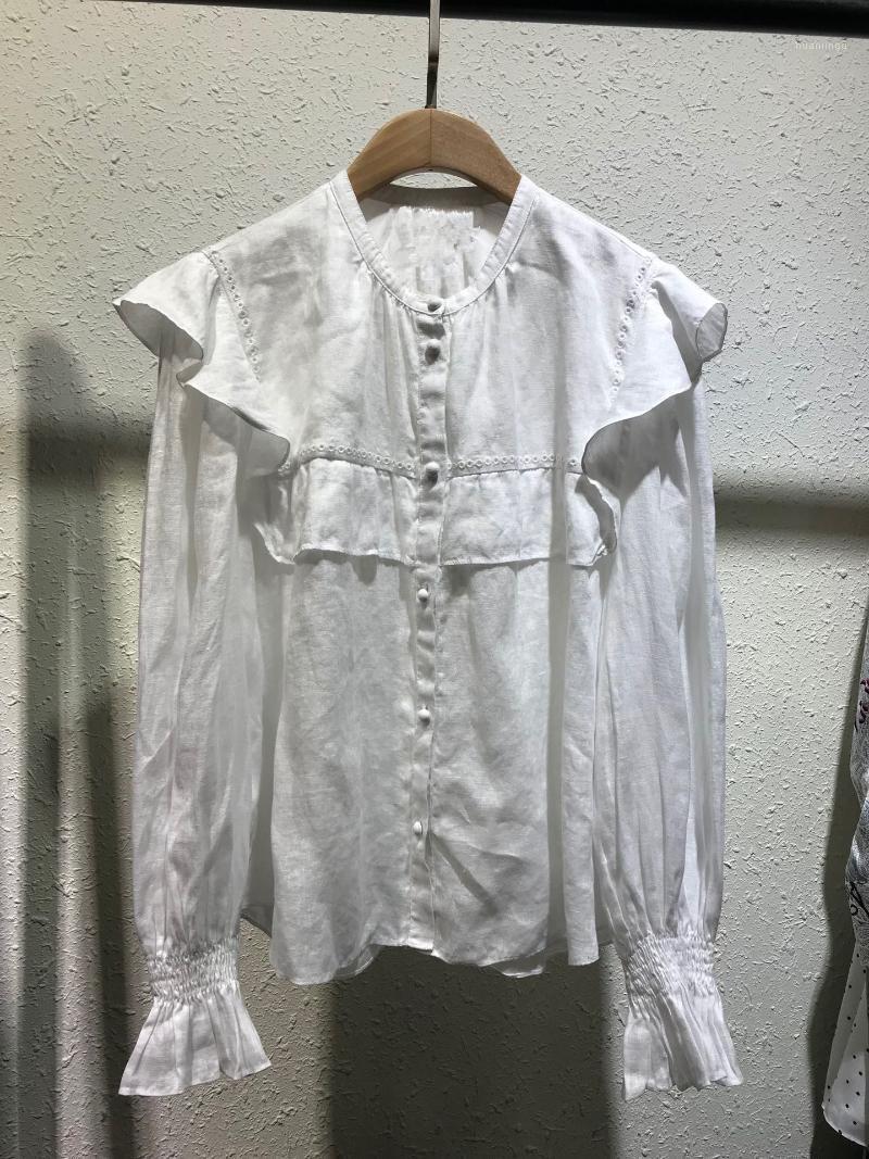 

Women's Blouses & Shirts 2022SS Woman White Black Cotton Linen Broderie Anglais Shirt Ruffled Shoulders Long Sleeves Round Neck Tops