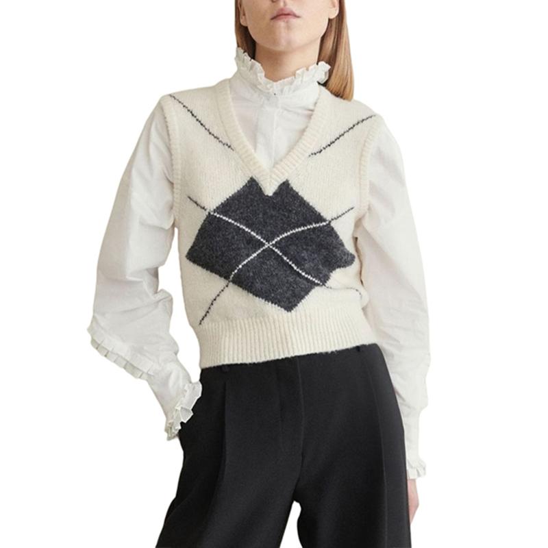 

Women's Sweaters 2022 Ladies V-neck Knitted Vest Autumn Winter Preppy Style Geometric Pattern Knitwear Girls Casual Sleeveless Loose Tops, White;black