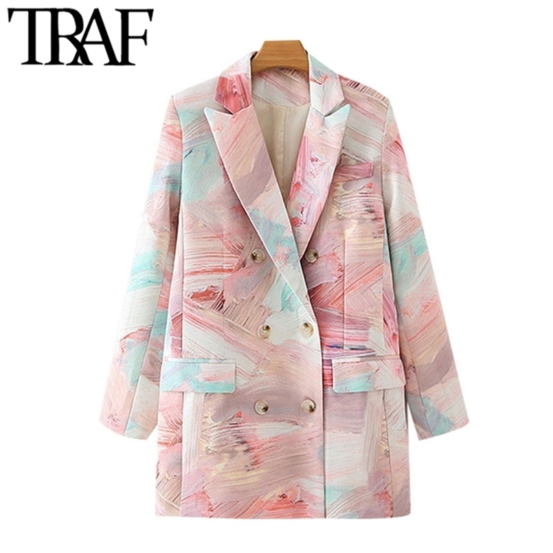 

TRAF Women Fashion Double Breasted Graffiti Print Blazers Coat Vintage Long Sleeve Pockets Female Outerwear Chic Tops 220402, As picture