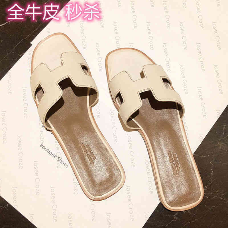

Factory Outlet womens cattle [Full Herme hide]Net Slippers red h summer flat bottomed leather new H sandals Korean beach one line slippers lil iijkk99, Black litchi
