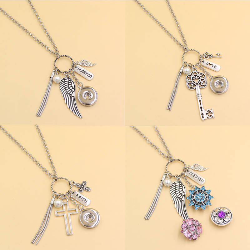 

Wholesale Snake Chain Tassel Angel Wing Cross Key Pendant Blessed Faith Inspiration Necklaces For Women Snap Jewelry