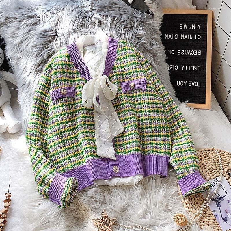

Women's Knits & Tees Knitting Autumn Cardigan Women Vintage Tweed Sweater Casual Female Long Sleeve Loose V-Neck Single Breasted Plaid Sweat, Green