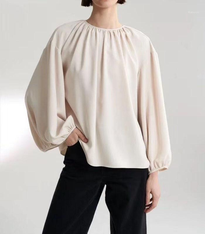 

Women's Blouses & Shirts [ElfStyle] - Pomerance Blouse Creme Black Voluminous TOP With Drape Details Gatherings Wide Sleeves Oversized TOPS, Beige