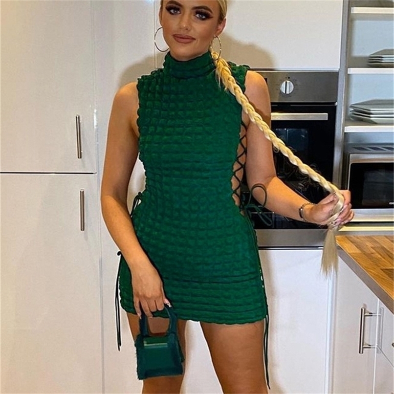 

Kliou Stunning Stacked Mini Dress Women Sexy Solid Mock Neck Sleeveless Draw String Bodycon Party Clubwear Elegant Female Skirt 220406, Coffee