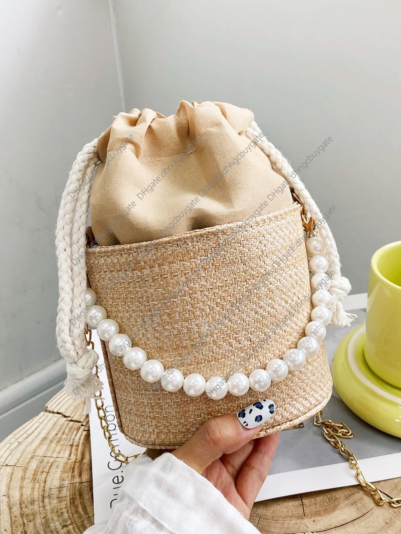 

Bag Faux Designer Pearl Decor Drawstring Design Bucket Handbag Leather Luxury Brand Fashion Wallet crossbody bag Handbag Leather, Khaki.