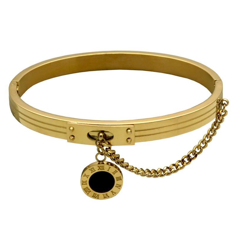 New Fashion Round Black Shell Roman Numerals Charm Bangle Womens Gift 18K Gold Bracelet with Chain-image-758366094