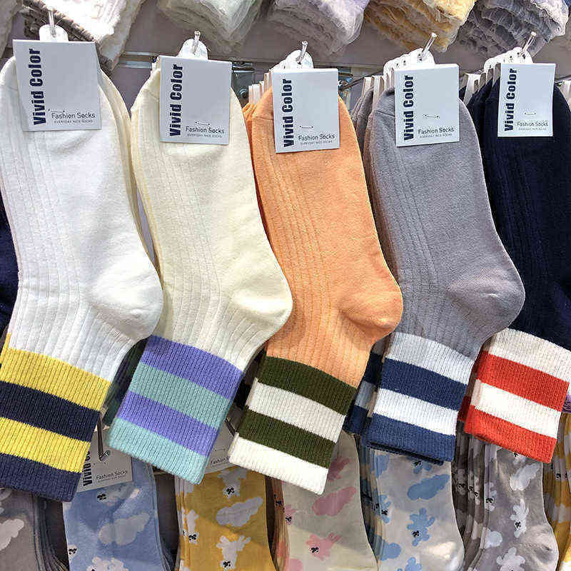 

South Korea 2022 new socks East Gate color three bar sports cotton socks college style girl TB color matching medium tube socks, Beige