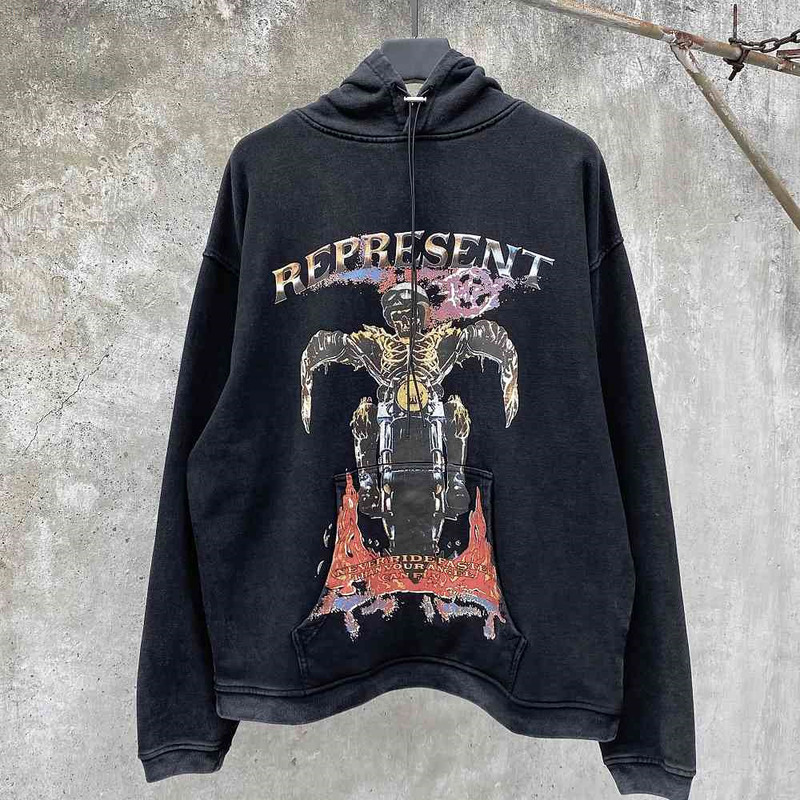 

Destroy REPRESENT Hoodie Men Women Skull Riding Motorcycle Printing Vintage Pullovers Oversized Streetwear Sweatshirts, Re21-1