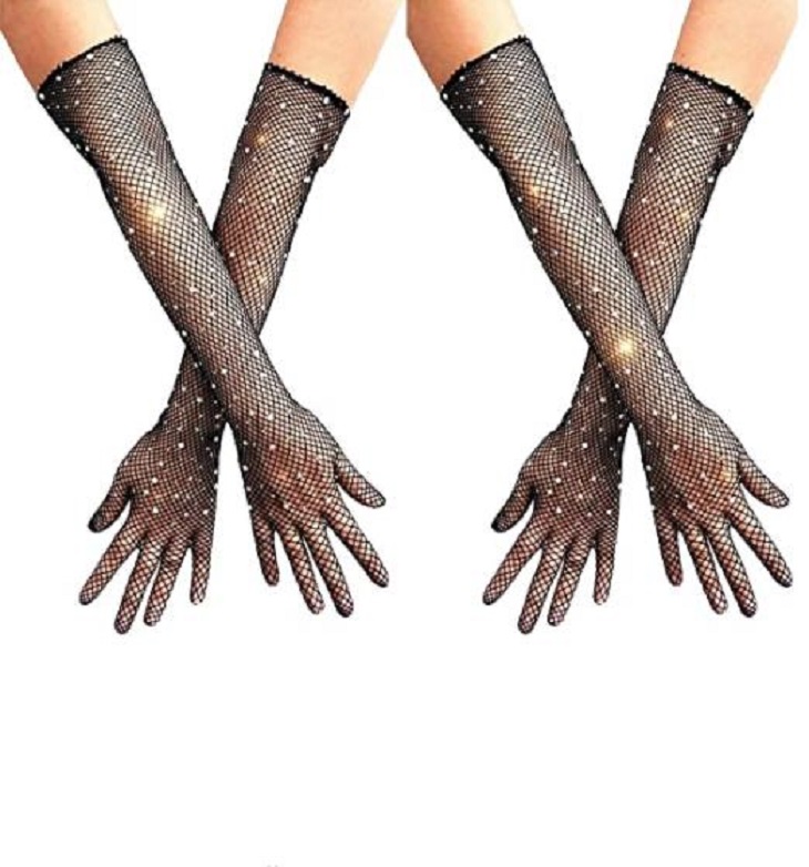 

Sparkling Rhinestone Fishnet Opera Gloves - Long Sleeve Costume Accessory for Flapper, 80s & 1920s Themes, Black without rhinestone