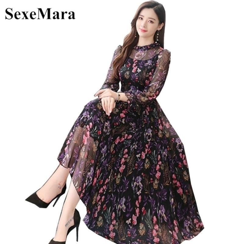 

Floral Chiffon Dress Korean Version Of The Autumn ONeck Fashion Print Long Section Long Sleeve Dress Y200805, Sky blue