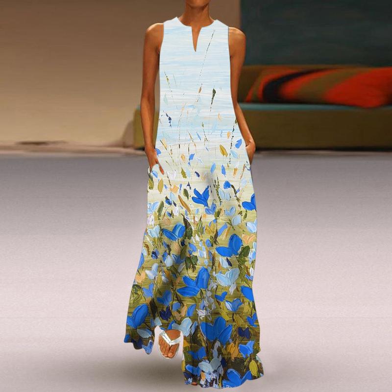 

Casual Dresses Women Summer 2022 Sleeveless Floral Print V Neck Maxi Loose Dress Boho Beach Long Sundress Pockets Party Vest DressCasual, Purple