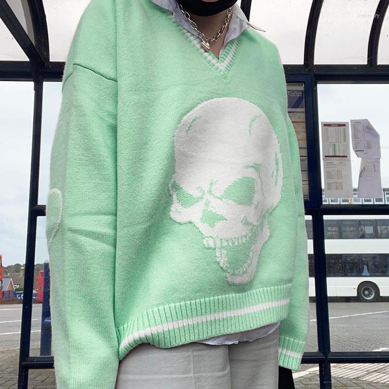 

Women's Sweaters Autumn Winter Skull Sweater Women Loose Long Sleeve V-neck Harajuku Top Knitting Pullover Keep Warm FemaleWomen's Jemi22, Green