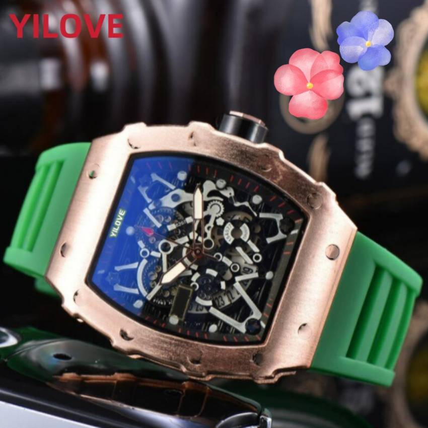 

43mm Men Sports Style Watch Full Function Stopwatch Clock Man Waterproof Japan Quartz Imported Movement Chronograph Rubber Strap Hollowed Out Design Wristwatches, As pic