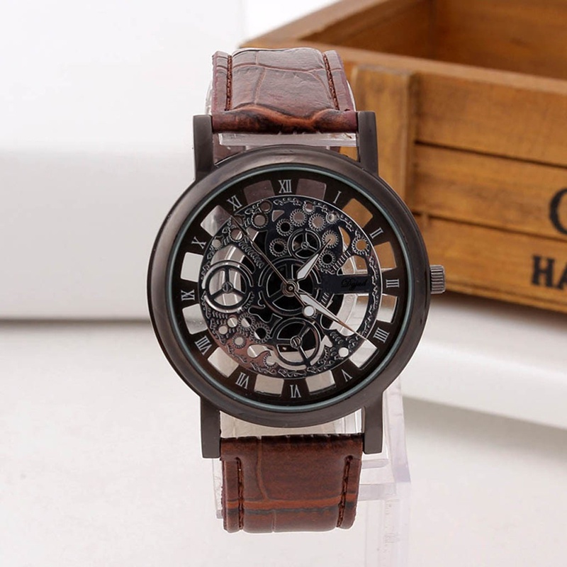 Montres à Quartz de luxe pour hommes, bracelet en cuir décontracté, montre-bracelet à cadran creux