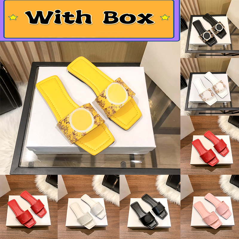 

With box La Plaque Flat Sandals square toe women slippers luxury Slides designer shoes black white Yellow Printed red pink top summer womens sandal, Double box