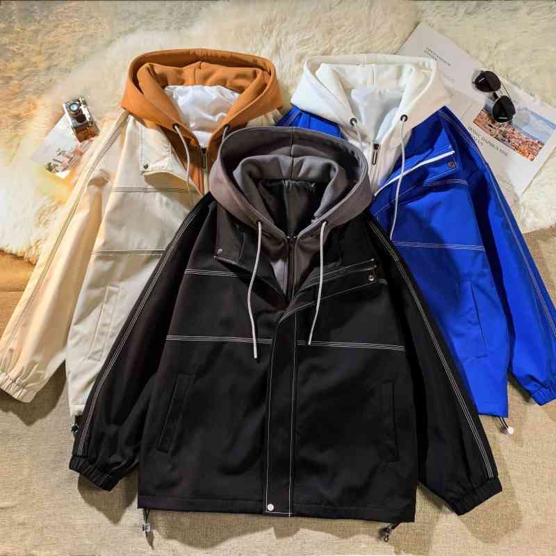 

College Style Mens Windbreaker Coat 2022 Spring&autumn Casual Loose Retro All-match Hooded Outwear Male Trend Streetwear Jacket, Black
