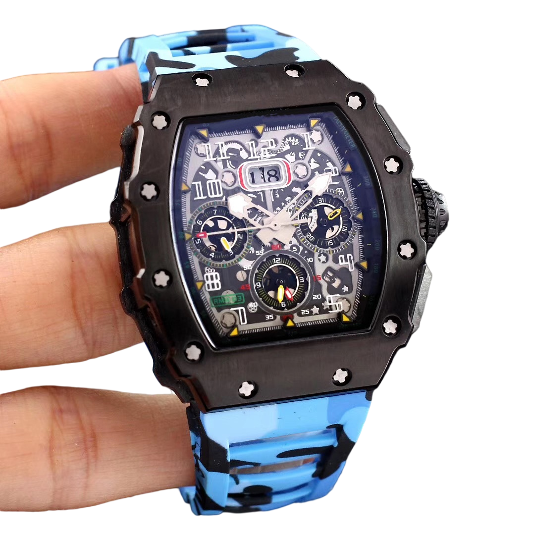 

High Quality Mens Automatic Mechanical Watch Red Blue Camouflage Rubber Stainless Steel, Gold