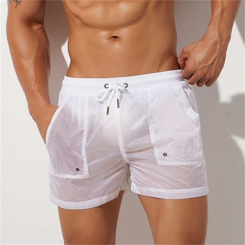 

Summer Mens Shorts Sexy Semi-transparent Nylon Quick Dry Gyms Casual Joggers Home Wear Men Bottoms 220406, White