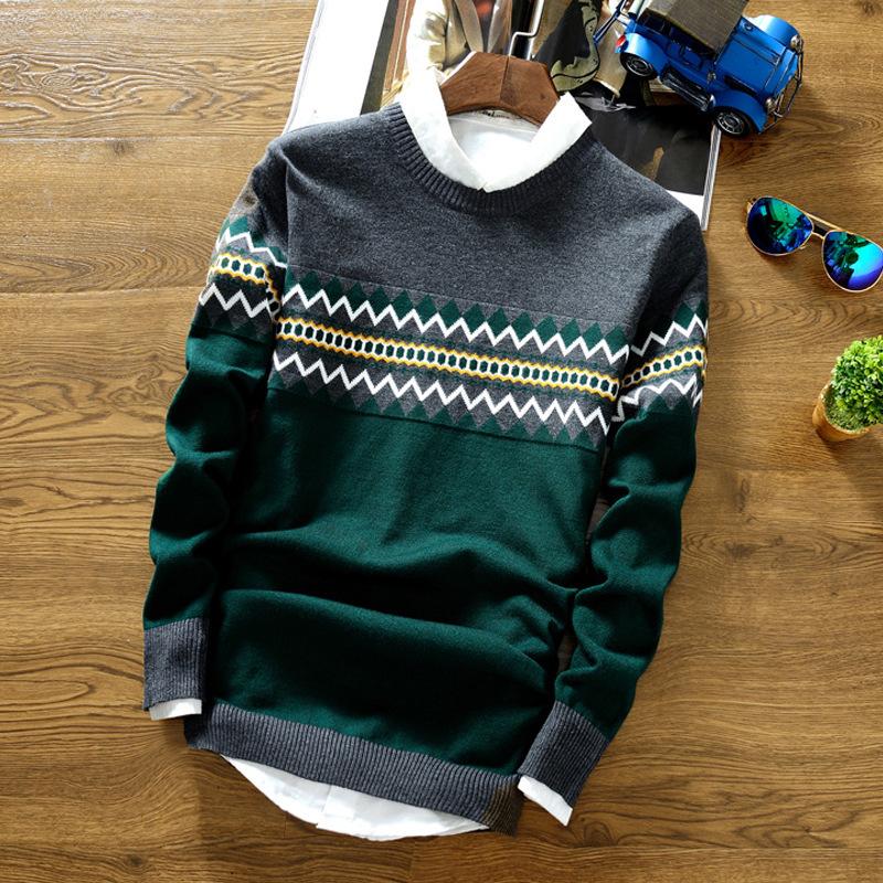 

Men's Sweaters Knitting Men's Wool Sweater Patchwork Printed O-neck Long Sleeve Comfortable Autumn Winter Male PulloverMen's, Green