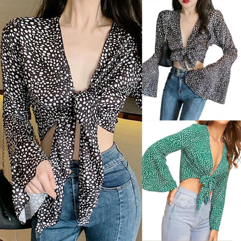 

Women' Blouses & Shirts Women Summer Long Flare Sleeve Dots Print Chiffon Open Front Chest Knot T-shirt Blouse TopsWomen, Black