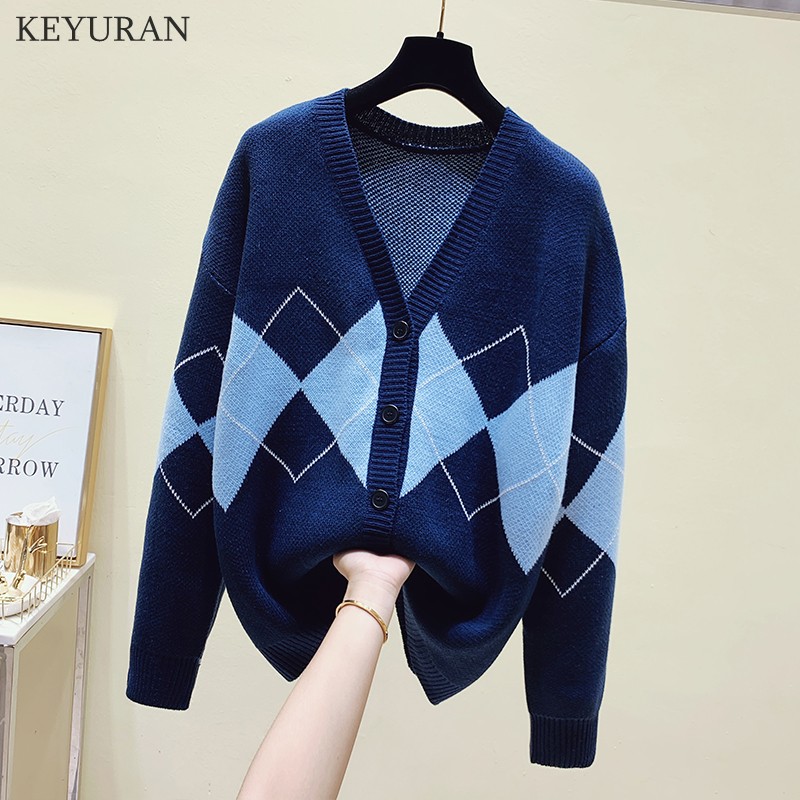 

Check Knitted Sweater Cardigans Women V-neck Long Sleeve Baggy Korean Style Leisure Students Ins Chic Fall Elegant Sweaters Coat, Blue
