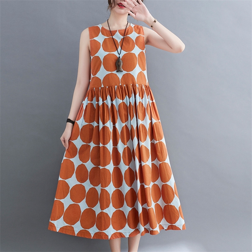 

Sleeveless Tank Dress Japan Style Polka Dot Print Fashion Women Holiday Travel Casual Summer Office Lady Work 220613, Orange red