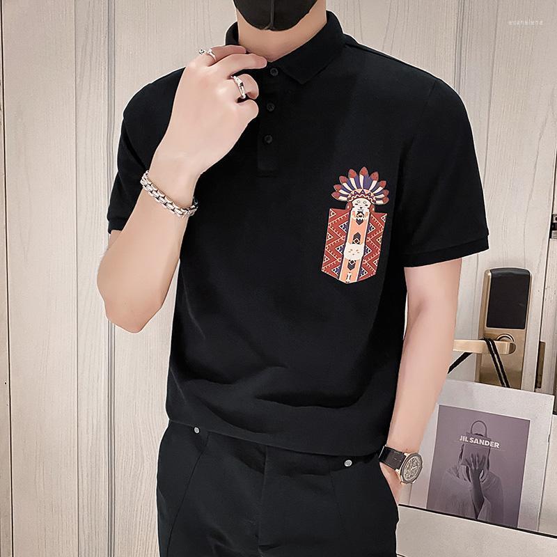 

Men's Polos Fashion Cartoon Print Shirts For Men Summer Short Sleeve T-shirts Slim Casual Social Streetwear Lapel Tee TopsMen's Men'sMen's E, Black