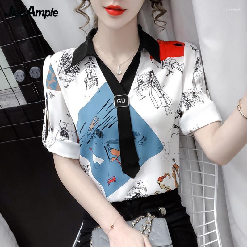 

Women's Blouses & Shirts Summer Printed Chiffon Women's Fashion Thin Pullovers Korean Elegant Short Sleeve Tops White Blouse Female Clot, Shirt 01