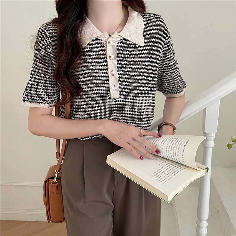 

Women's T-Shirt Hit Color Women's Short Sleeve Collar Korean Retro Basic Tops Summer Black White Female, Photo color