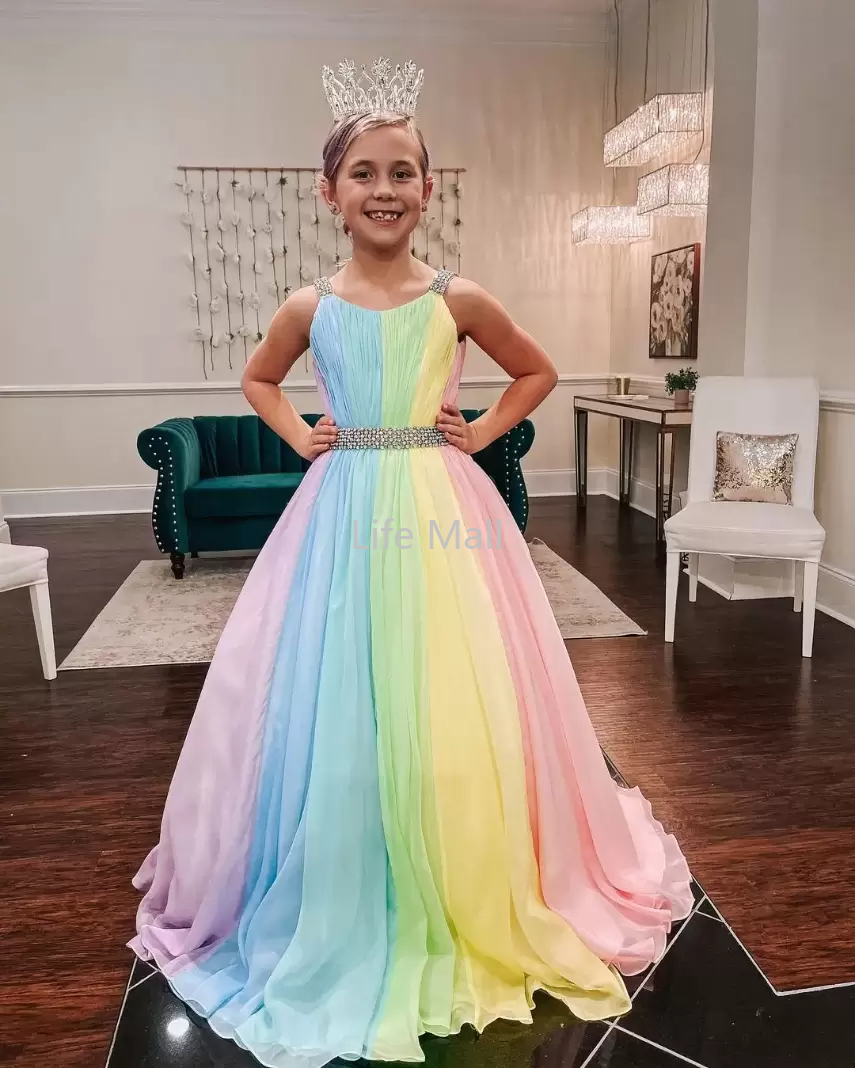 

Rainbow Chiffon Little Girl Pageant Dresses 2022 Straps-Neck Girls Prom Gowns Zipper V Back Sleeveless A-Line Long Kids Formal Party Birthday Princess DD, Orange
