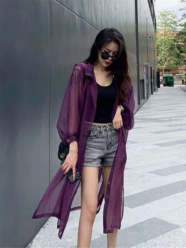 

Women's Knits & Tees 2022 Women Blouse Summer Puff Sleeve Long Shirt Kimono Cardigan Loose Black White Chiffon Sun-protective Fashion Perf22