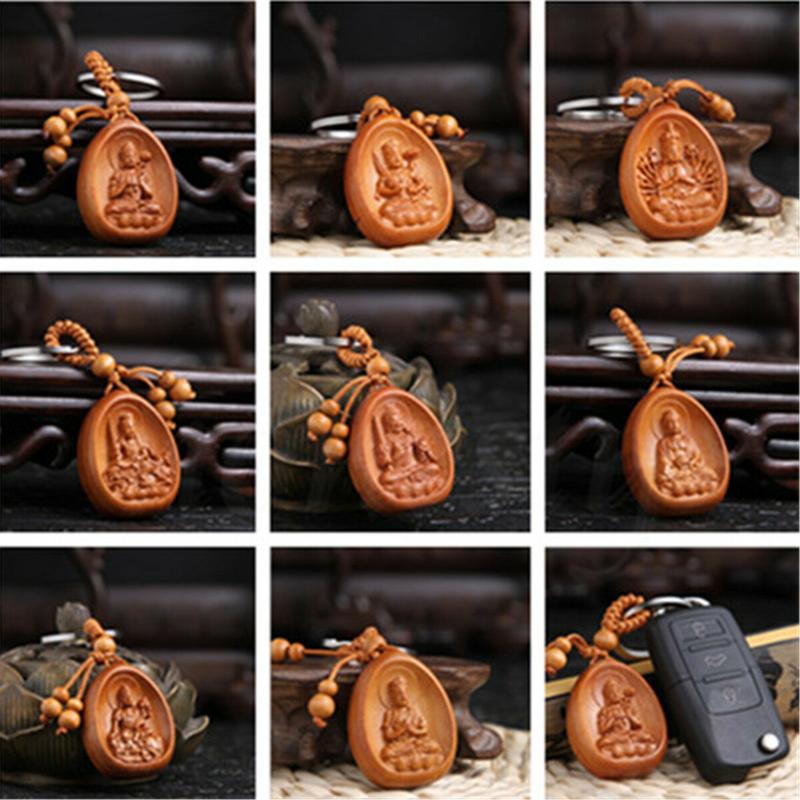 

Keychains Carved Wood Buddhism Buddha Statue Keychain Keyring Car Bag Pendant KeyfobKeychains