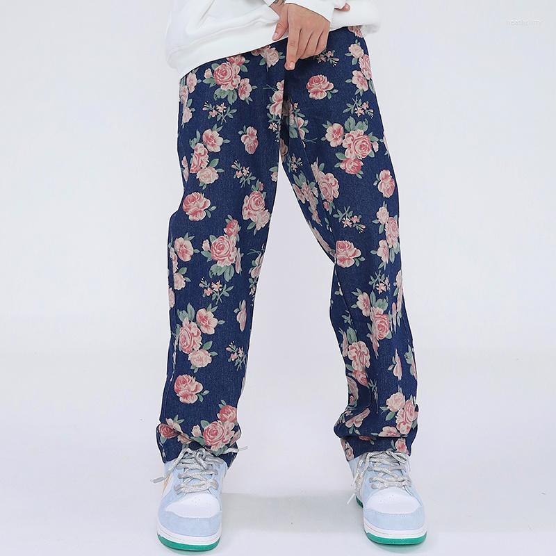 

Men's Jeans Harajuku Full Rose Print Ripped Men And Women Vibe Style Streetwear Oversized Loose Denim Trousers Straight Jean PantsMen's Heat, Pic color
