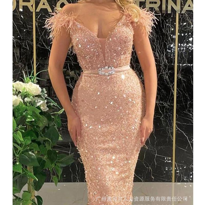 

Casual Dresses Mandylandy Feather Stitching Party Dress Women Sleeveless Low Cut Sexy Sequin Tight High Waist Bodycon Midi, Champagne