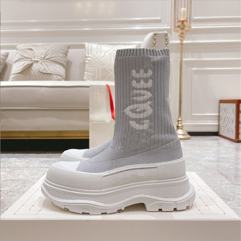 

Flats Shoes Thick Sole Boots Autumn Winter Breathable Knitting Women Mid-Tube Boots Stretch Round Toe Letters Graffiti Boots, Black